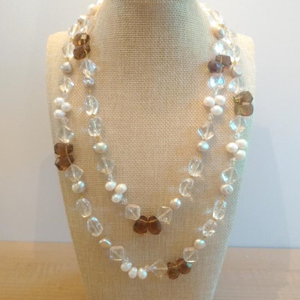 Vintage Quartz & Genuine Pearl Long Necklace with Sterling Silver Clasp